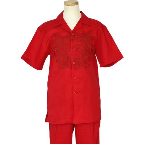 Successos 100% Linen Red Embroidered Dragon Design 2 Pc Outfit SP3296